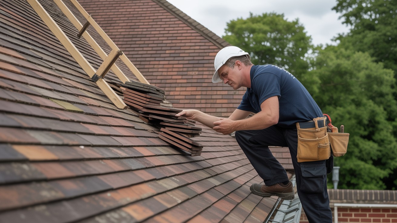 Roofer performing maintenance on UK residential property